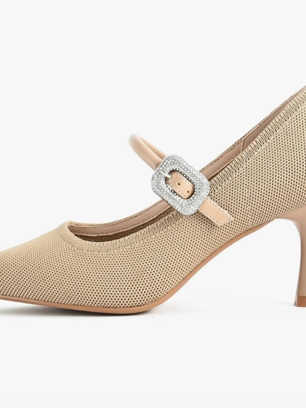 Neutral Beige Mary Jane Pointed Heels with Crystal Buckle - Picture 3 of 6